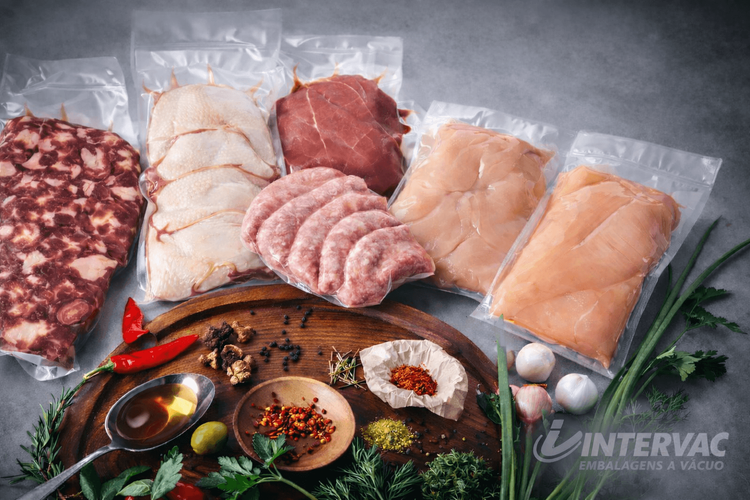 Produtos embalados a vácuo incluindo carne, queijo, camarão, linguiças e legumes